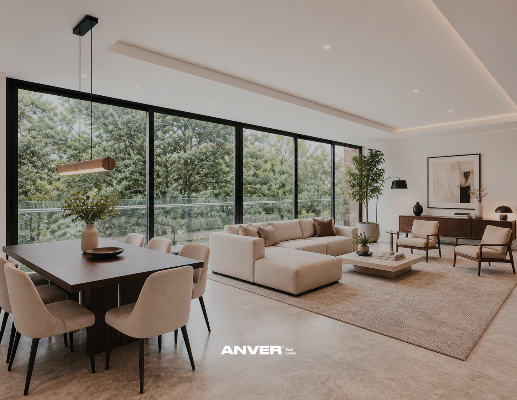 Sala de estar moderna con mobiliario beige, plantas verdes, gran ventana de piso a techo y decoración minimalista.