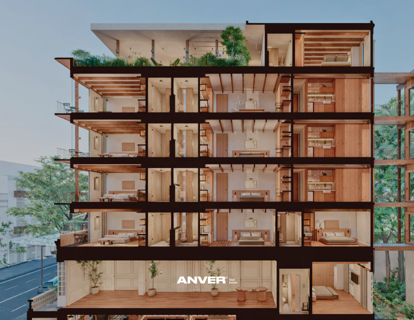 Modelo arquitectónico de un edificio de varios pisos con distribución de habitaciones, áreas exteriores y vegetación en la azotea, visto desde el frente