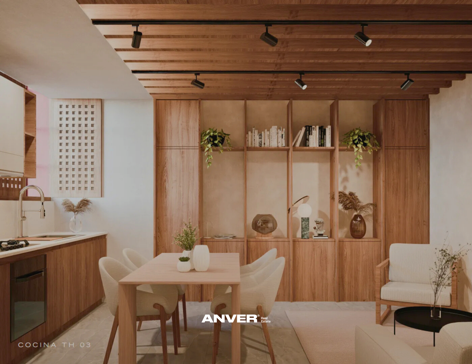 Sala de comedor con paredes y muebles de madera clara, estantería con libros y plantas. Mesa de madera con sillas blancas, sofá beige, y accesorios decorativos como lámpara, jarrón y plantas.
