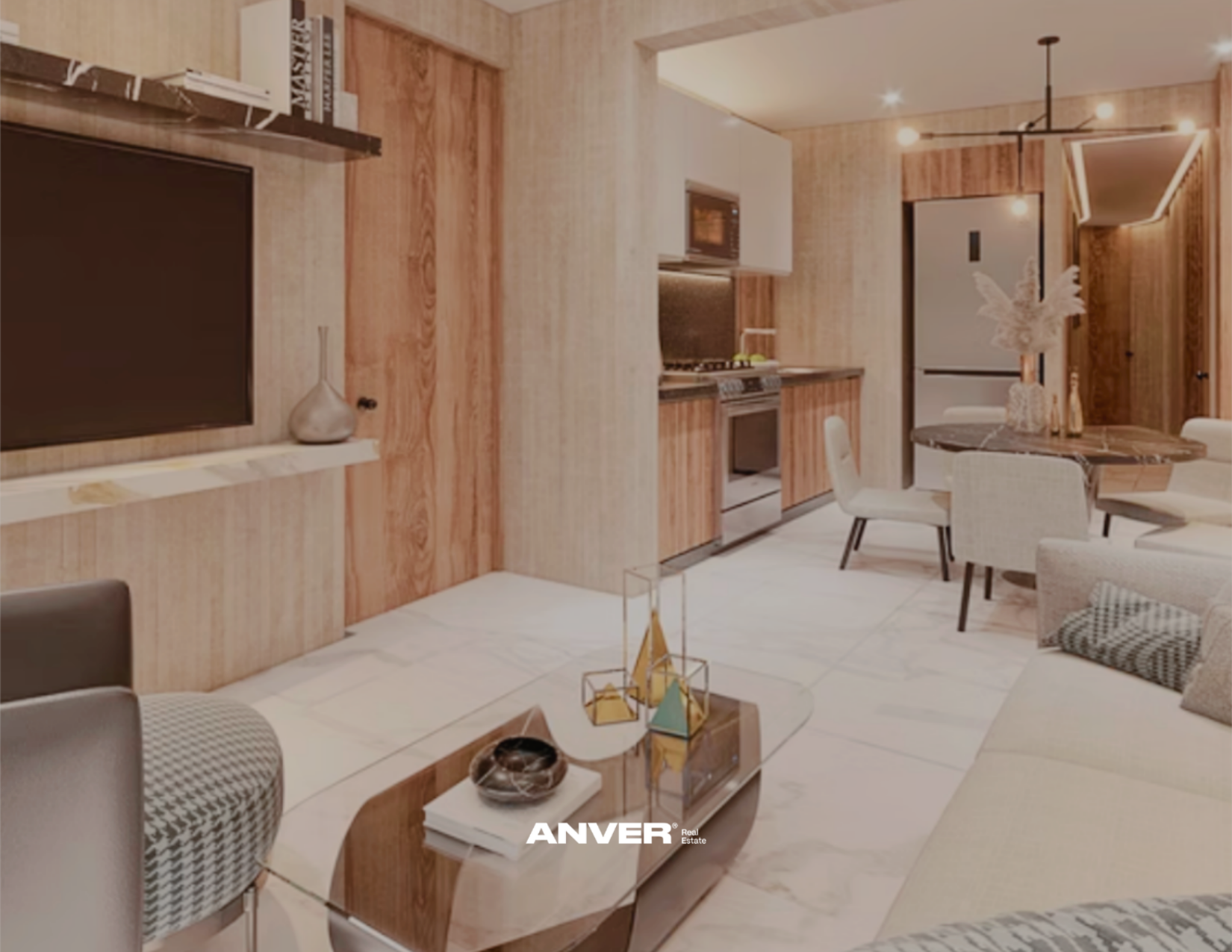 Interiores de una sala de estar moderna con paredes de madera, una mesa de centro y sillones. Hay un comedor con una mesa y sillas. La imagen tiene una decoración moderna y luminosa.