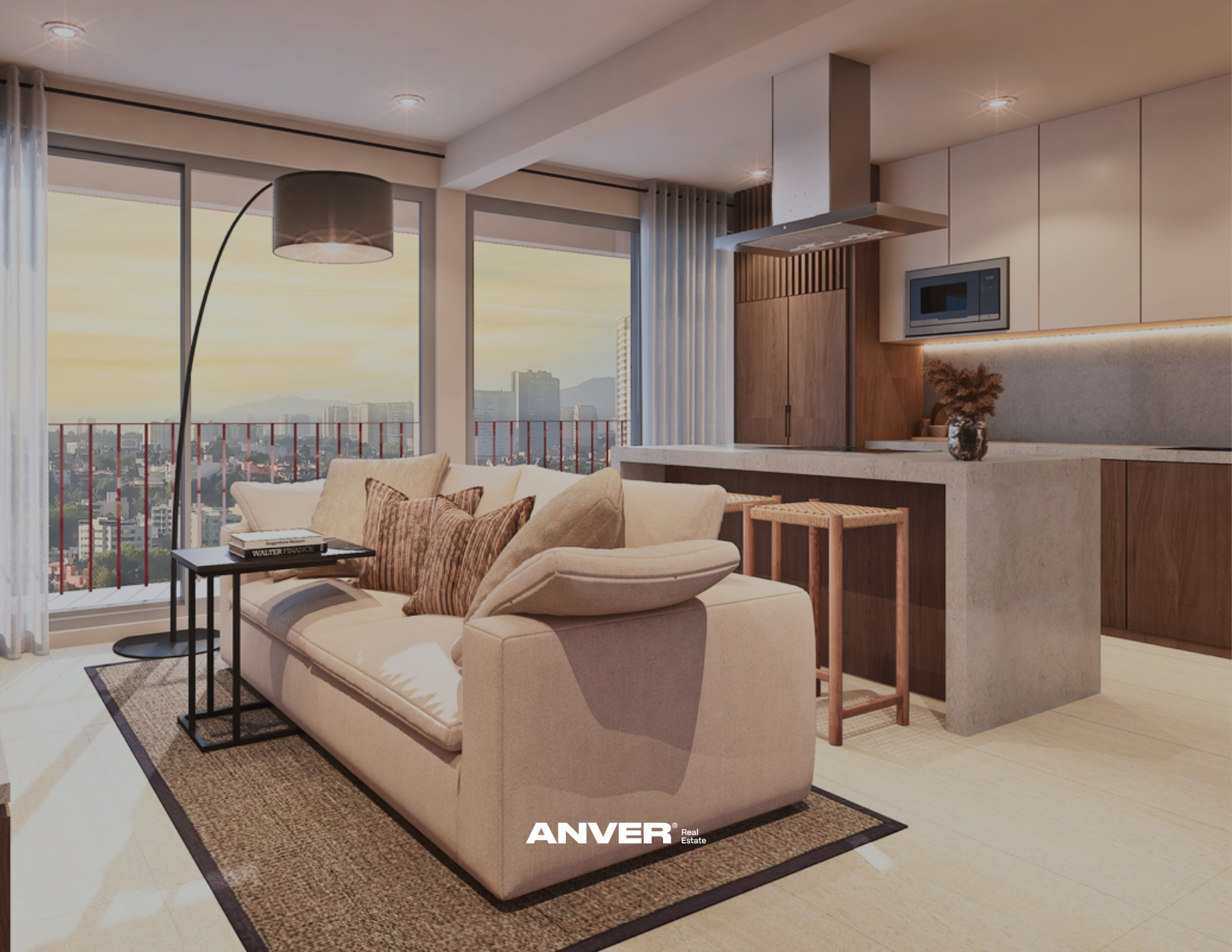 Sala de estar moderna con sofá beige, mesa de centro, lámpara de piso, ventanas grandes con vista a la ciudad, cocina con gabinetes claros y de madera, decoración con planta