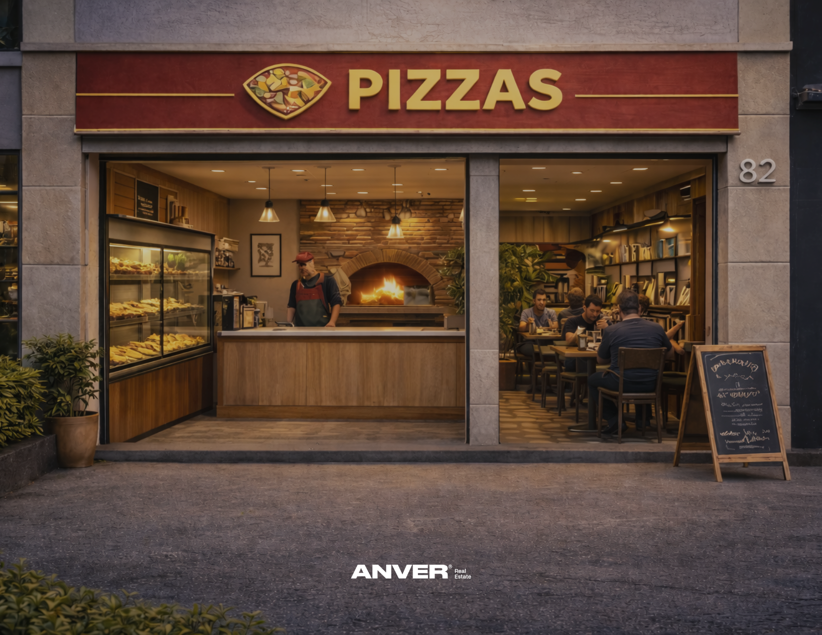 Fachada de una pizzería con interior visible, personas comiendo y un horno de leña en el fondo.