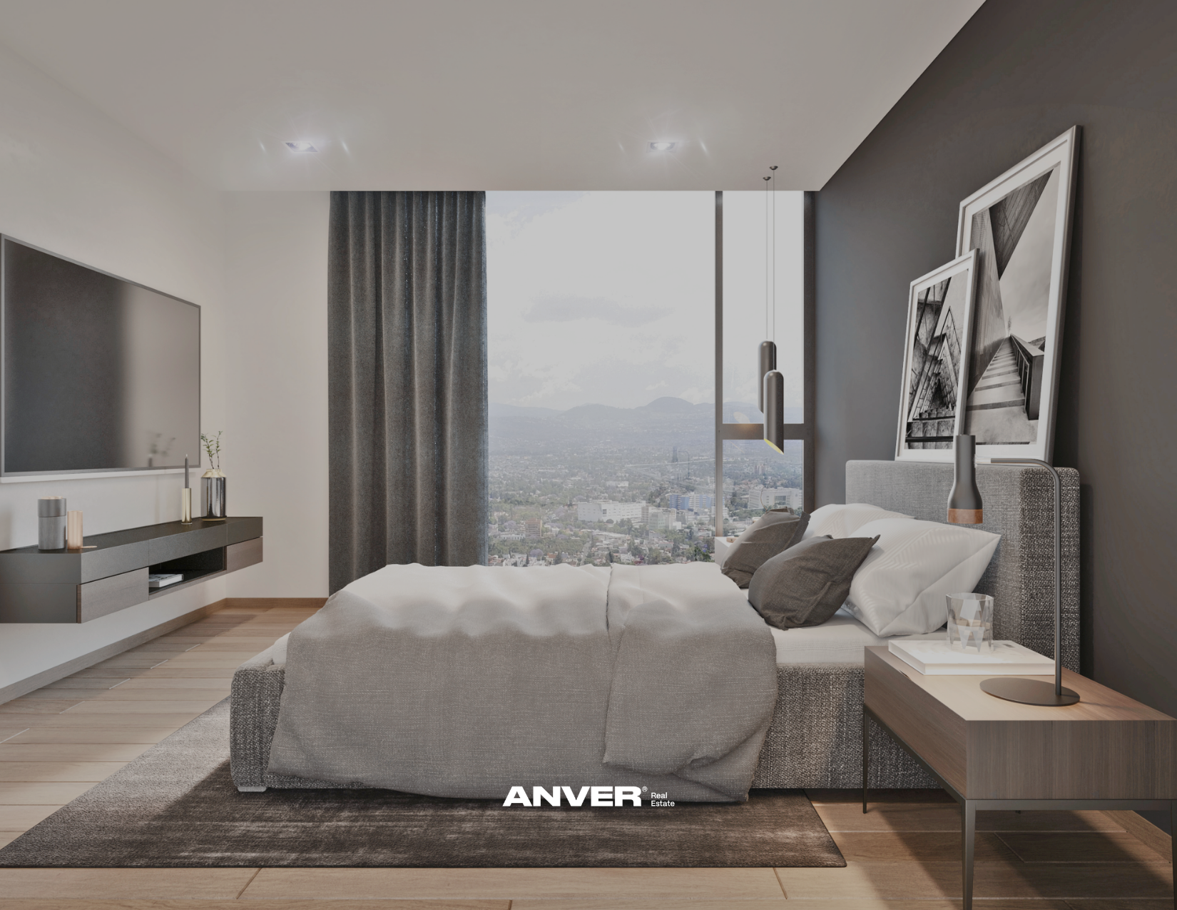 Interior de una habitación moderna con cama, paredes blancas y oscuras, decoraciones en blanco y negro, vista panorámica de la ciudad a través de una ventana grande y cortinas grises.