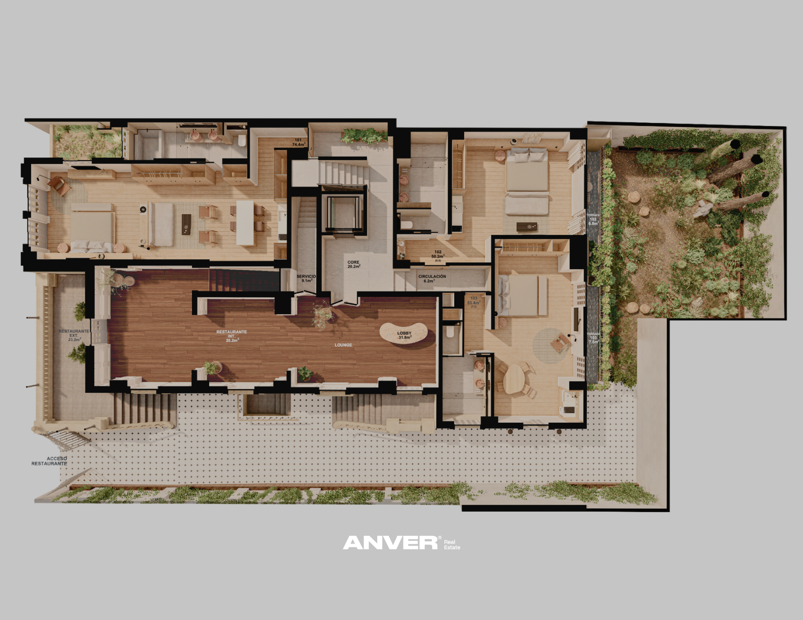 Plano en color rosado y beige de un departamento con varias habitaciones, área de salas, comedor, cocina y jardín rodeado de árboles y plantas.