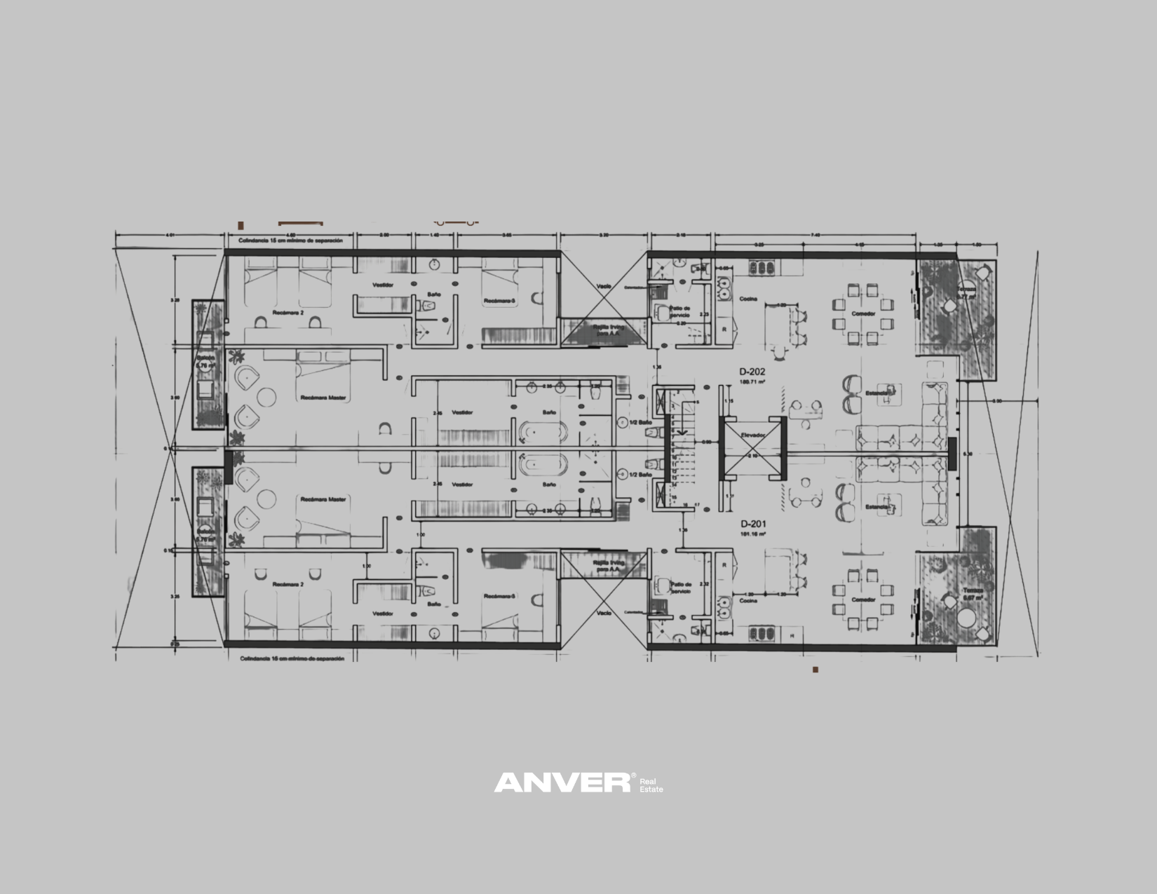 Plano arquitectónico de un edificio de varias habitaciones, con áreas comunes, baño y cocinas, delineado técnico detallado.