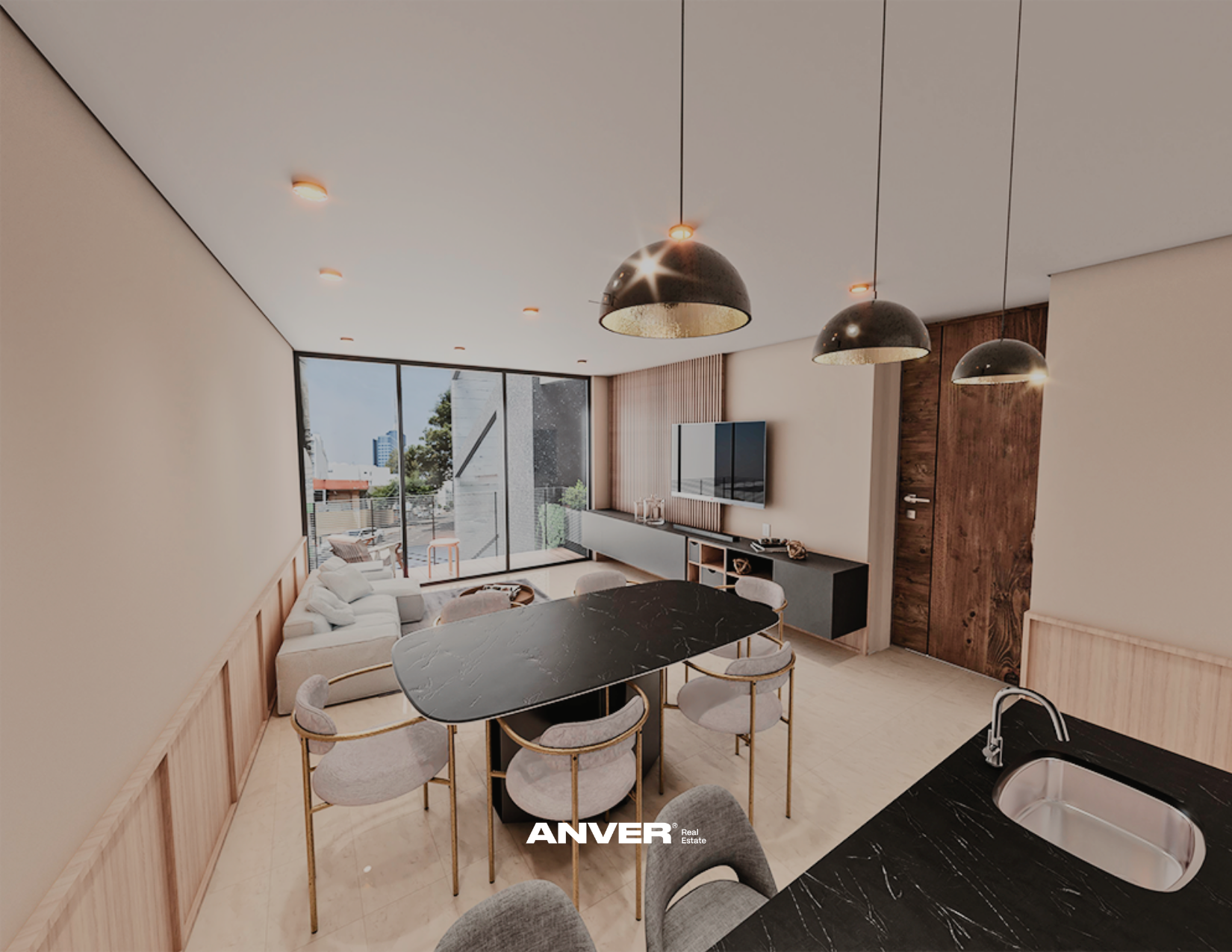 Interior moderno de sala de estar y comedor con luz natural, sillones blancos, mesa de comedor negra, lámparas negras colgantes y vista a balcón con ventanas grandes y decoraciones en tonos neutros.