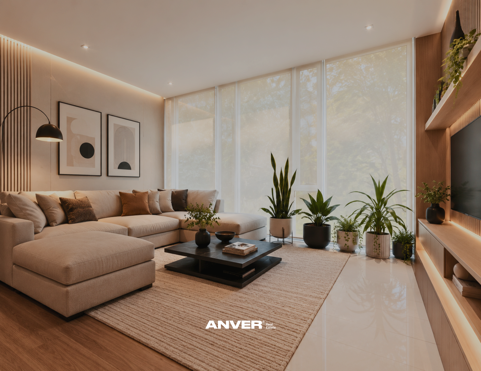 Sala moderna con sofá beige, cuadros abstractos en la pared, plantas verdes junto a ventanas grandes, mesa de centro negra con libros, alfombra beige, y decoración en madera y cerámica.