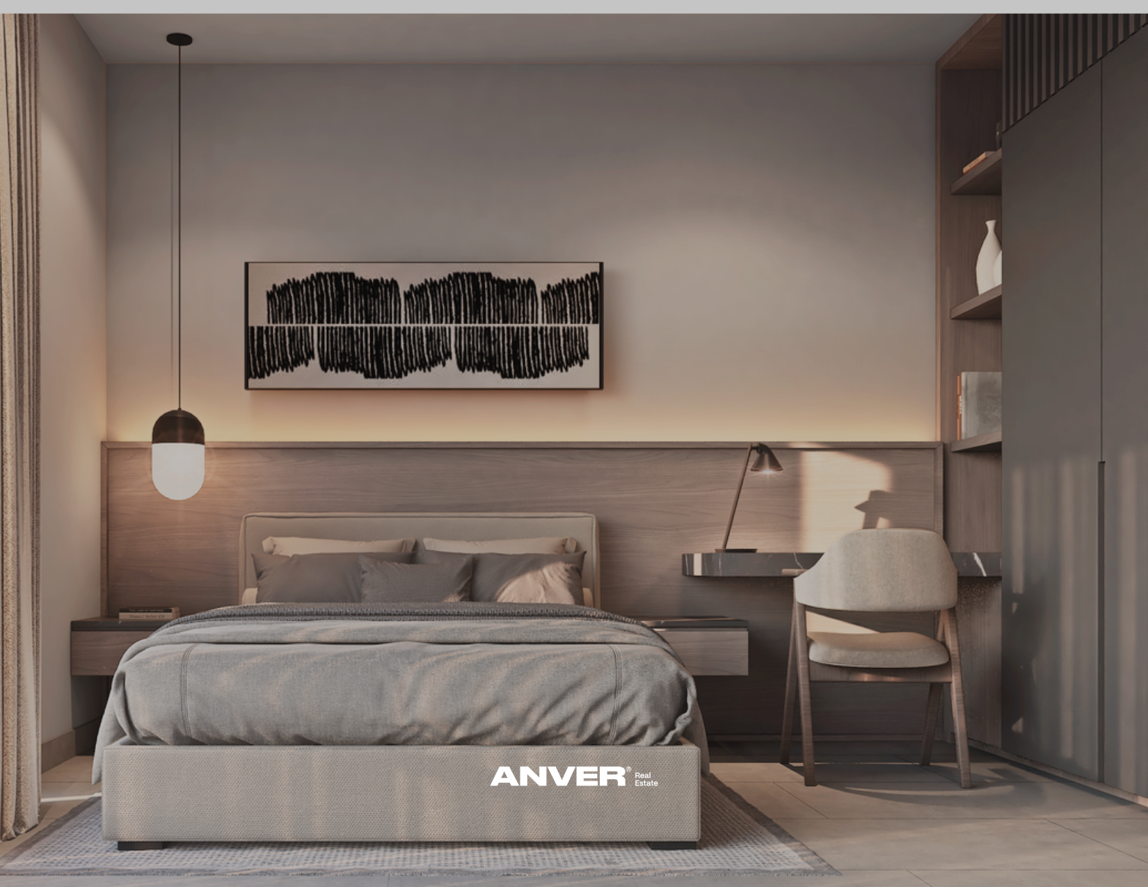 Habitat moderno con cama, escritorio y estantería en tonos neutros, decorado minimalista, arte abstracto en la pared.