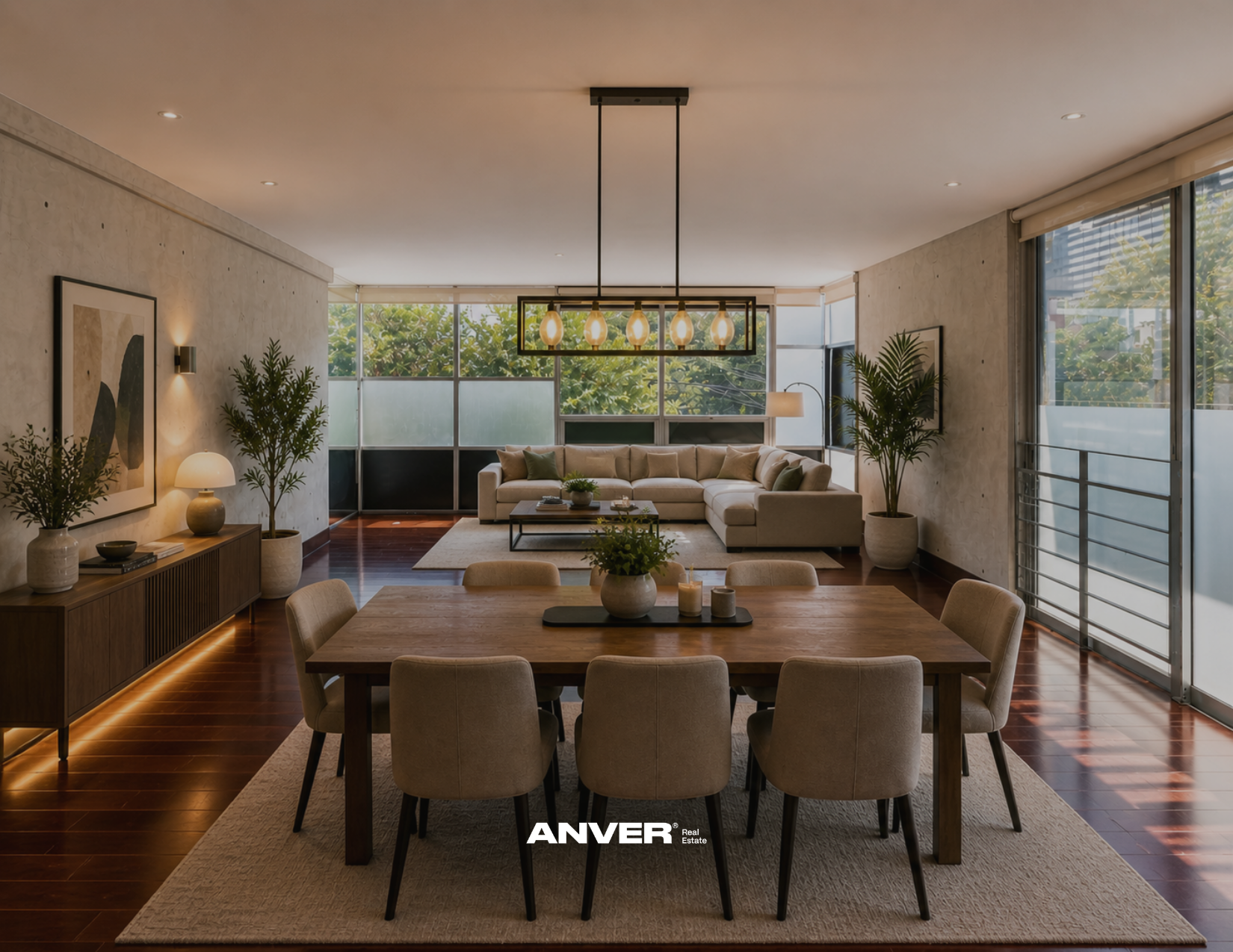 Salón moderno con sillón beige, mesa de centro y plantas, iluminación cálida, paredes de cemento y ventanas grandes con vista a árboles