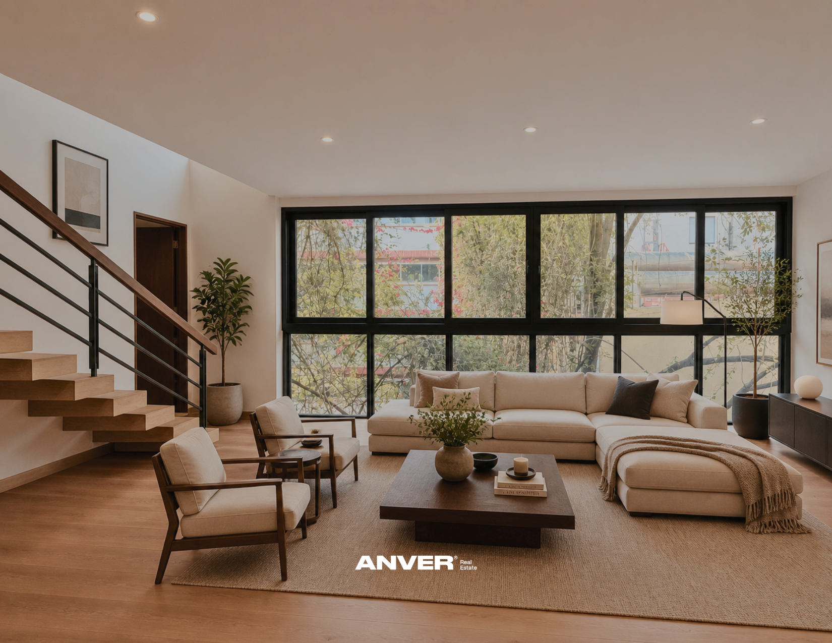 Sala de estar moderna con sillón beige, mesa de centro, plantas, y grandes ventanas con vista a árboles