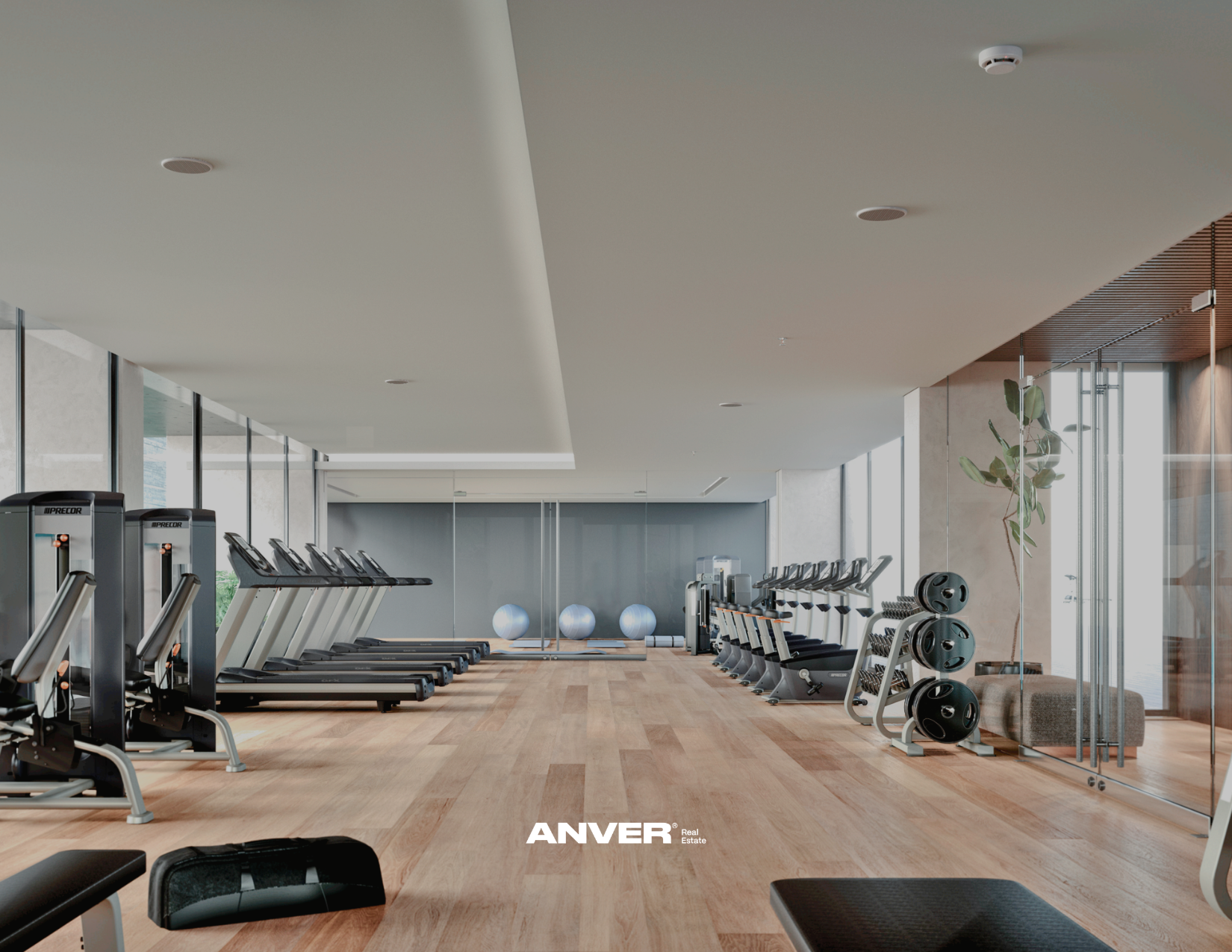 Sala de gimnasio moderna con cintas de correr a la izquierda y equipo de pesas a la derecha, suelo de madera, grandes ventanas con vista al exterior y plantas decorativas.