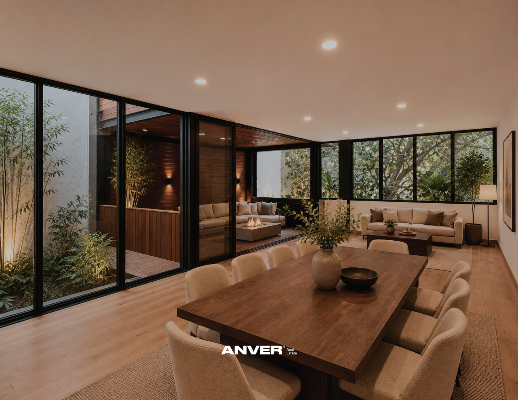 Sala de estar moderna con mobiliario beige, mesas de madera, plantas, paredes con ventanas grandes, y una zona de patio con chimenea, iluminada con luces empotradas en el techo.