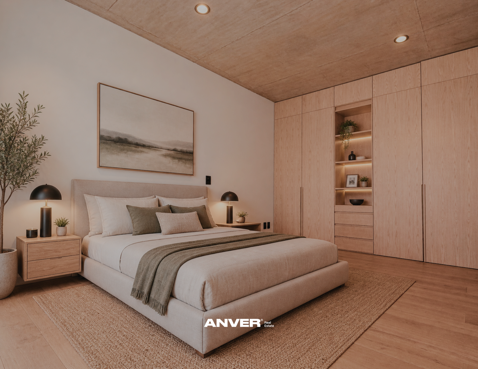Habitación moderna de estilo minimalista con cama grande y cabecera acolchada, mesitas de noche con lámparas negras, plantas decorativas, cuadro abstracto en la pared, armario de madera empotrado con estanterías y detalles decorativos, suelo de madera y alfombra de yute.