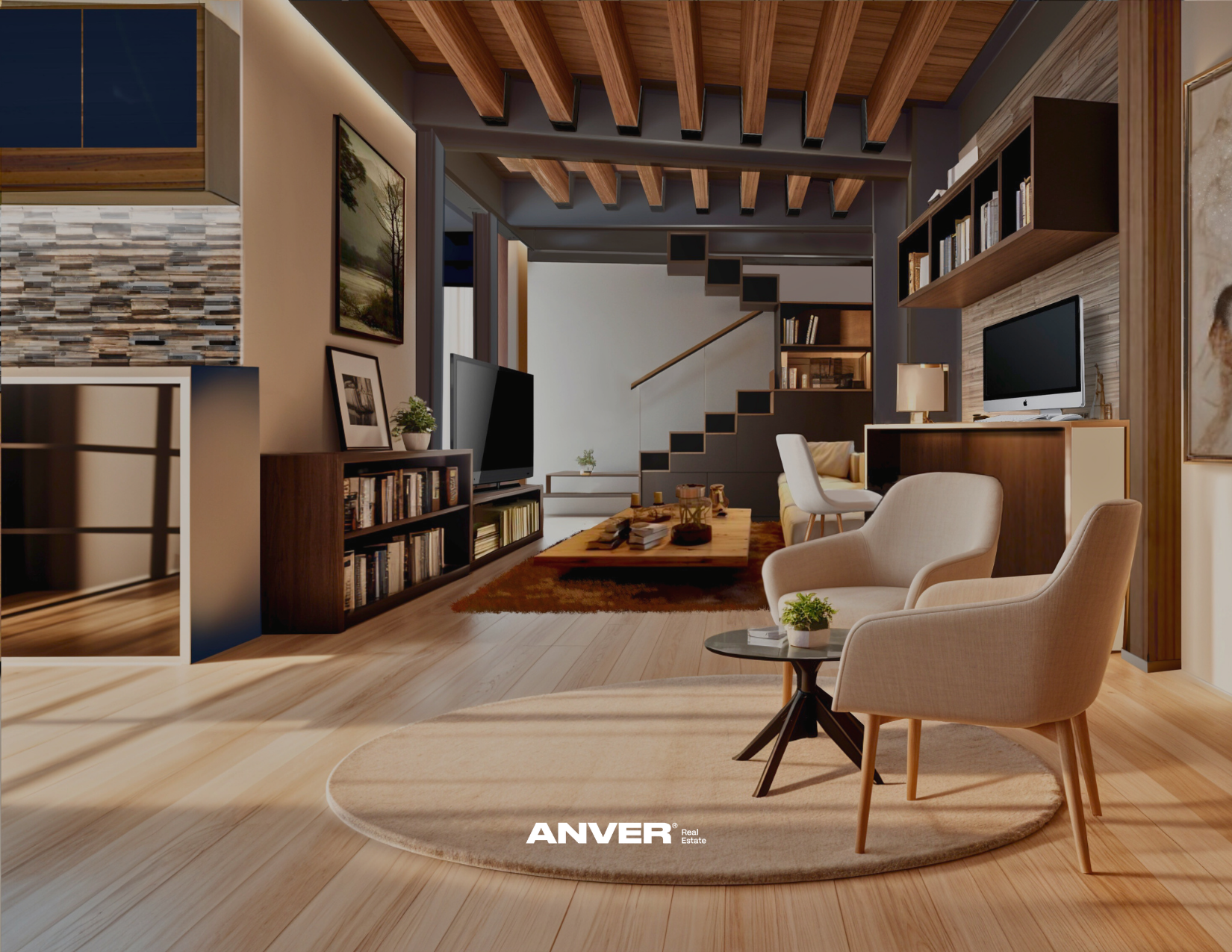 Interior de una sala de estar moderna con muebles de madera, sillones beige, una alfombra redonda, una mesa de centro con objetos decorativos, una televisión, estanterías con libros y fotografías, una escalera de carbón y paredes decoradas con cuadros y cuadros. La estancia tiene techo de vigas de madera y una iluminación cálida.
