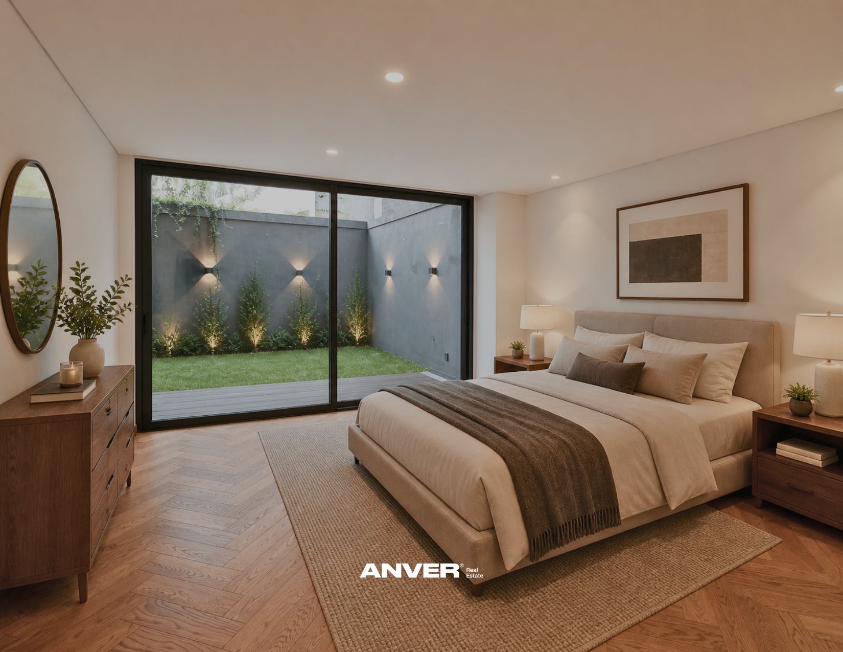 Habitación moderna con cama grande, paredes blancas, lámparas de mesa, decoración minimalista y vista a un pequeño jardín con césped y plantas a través de puertas corredizas de cristal.