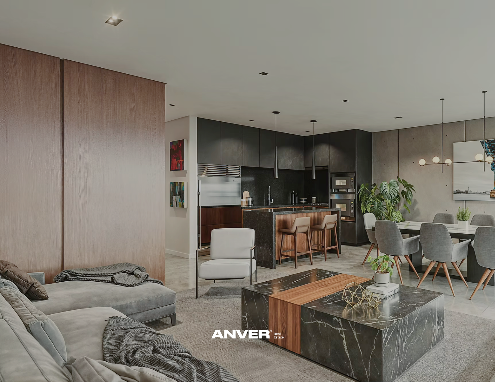 Sala de estar y cocina moderna con muebles de tonos neutros y verdes, mesa de comedor, y decoración minimalista.