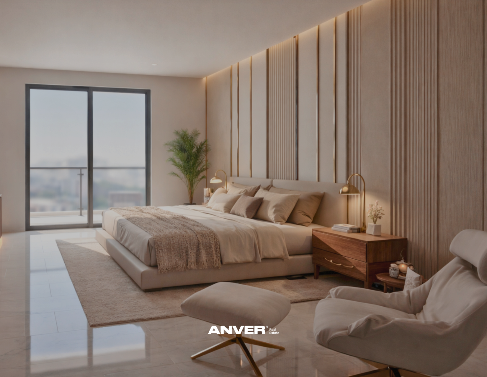 Habitación moderna con cama grande, paredes decorativas de madera, planta en la esquina, y balcón con vista a la ciudad, iluminada con luz suave y cálida.