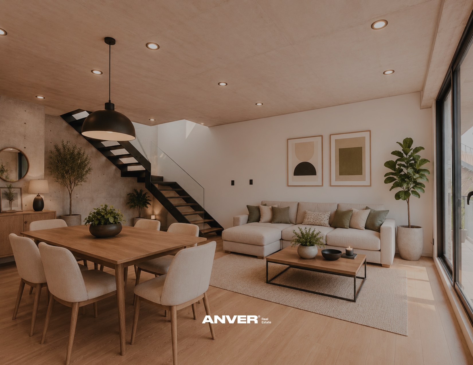 Sala moderna con comedor de madera, sofá blanco con cojines verdes y beige, plantas en macetas grandes, ventanas de piso a techo, arte minimalista en la pared, iluminación empotrada en el techo de madera