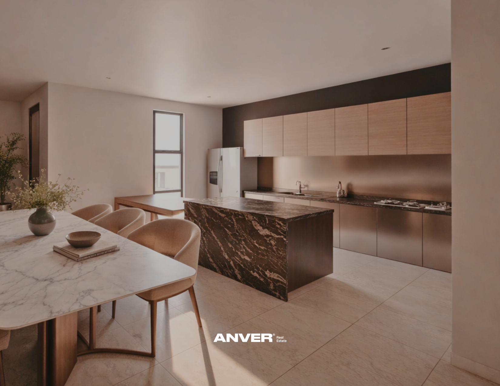 Cocina moderna con mesa de mármol, sillas beige, encimeras de mármol oscuro, armarios madera clara, refrigerador blanco, ventanas grandes, decoración minimalista.