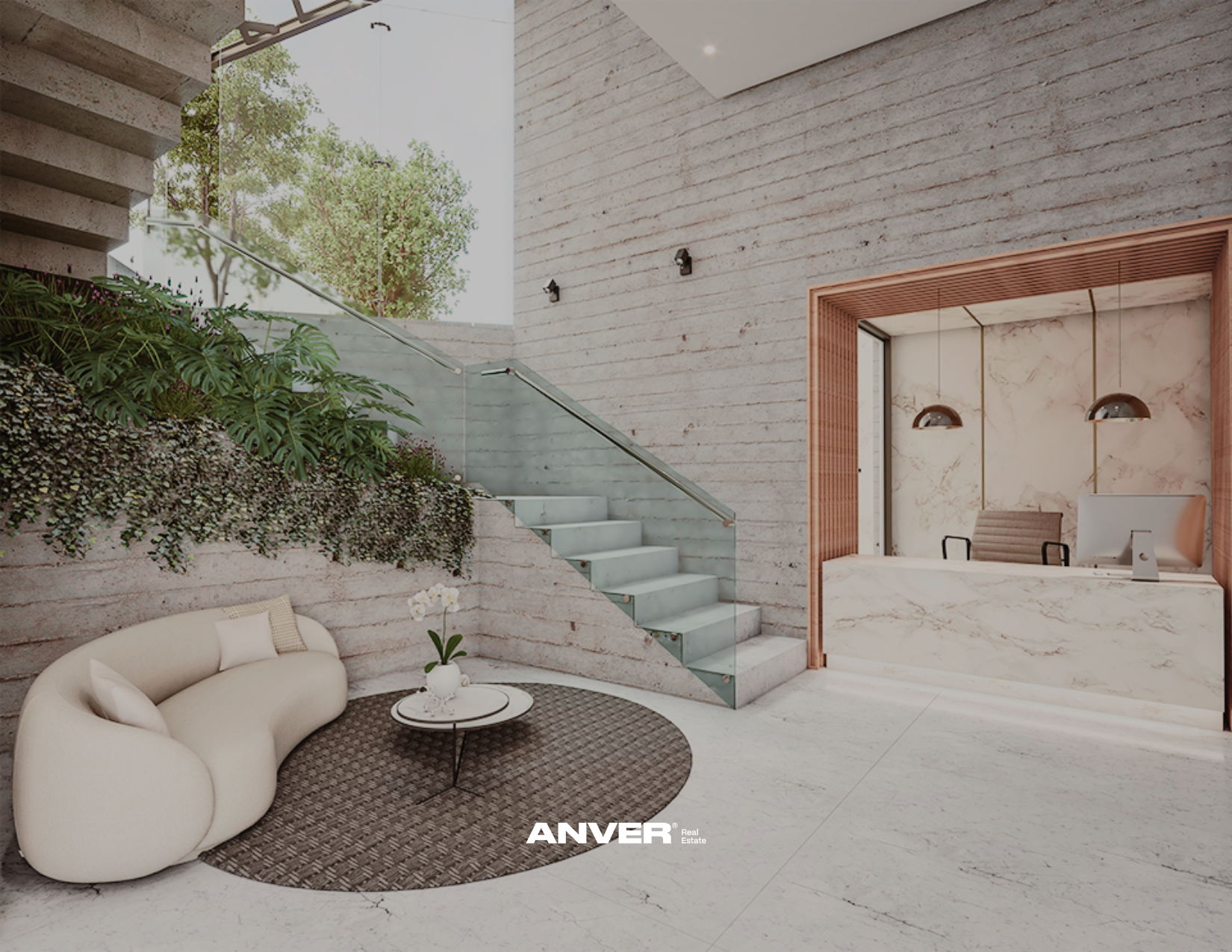Interiores modernos con escalera de vidrio, pared de ladrillos vista, área de recepción con escritorio de mármol, y mobiliario de diseño, con áreas verdes visibles desde el interior.