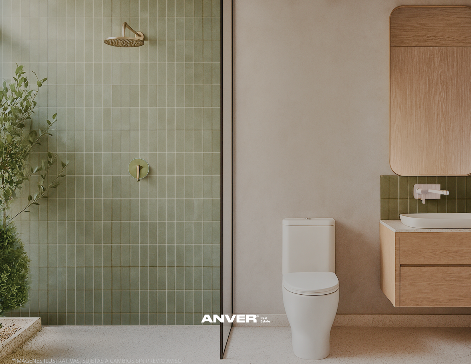 Baño moderno con ducha de cristal, azulejos verdes y pared beige, con inodoro y vanidad de madera con lavabo blanco.