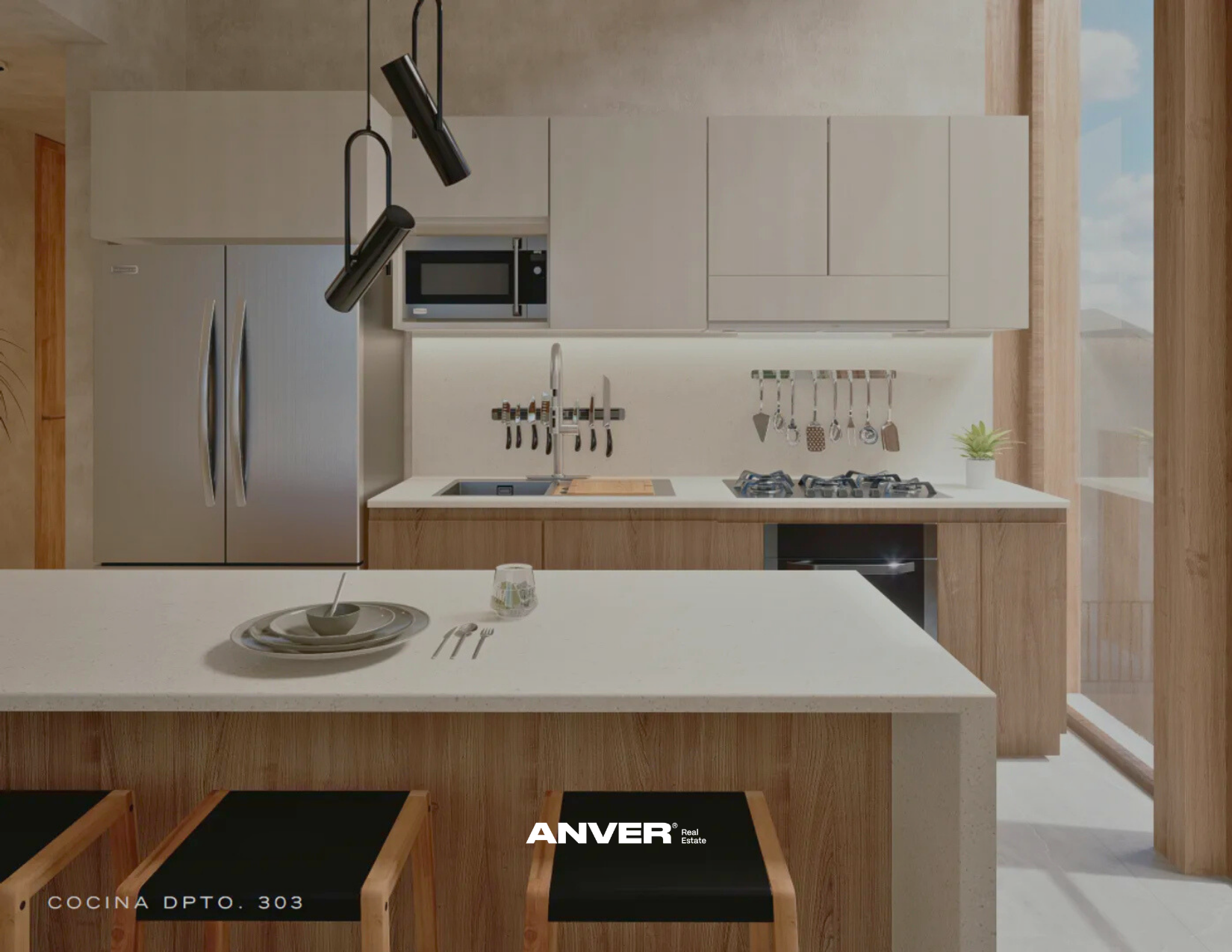 Cocina moderna con electrodomésticos de acero inoxidable, encimera blanca, utensilios colgados y una planta de interior en la esquina. Incluye mesa con plato, cuchara, tenedor y vaso.