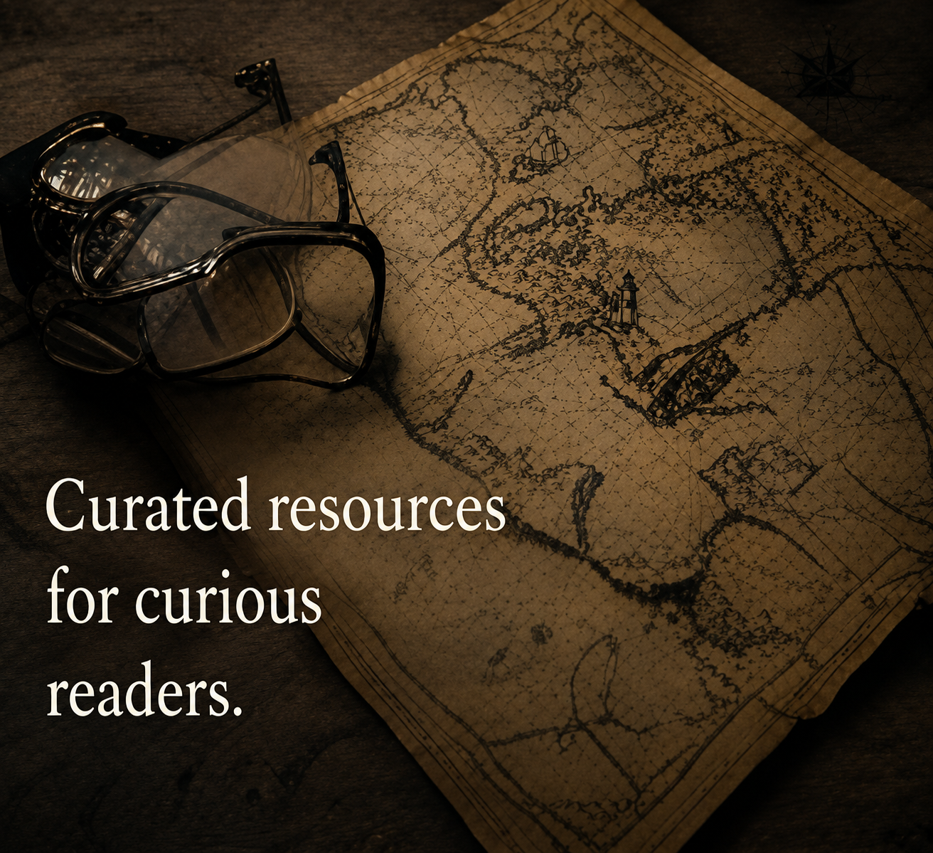 An old, weathered map spread on a wooden surface with a pair of black-rimmed glasses on top, accompanied by the text, 'Curated resources for curious readers.'