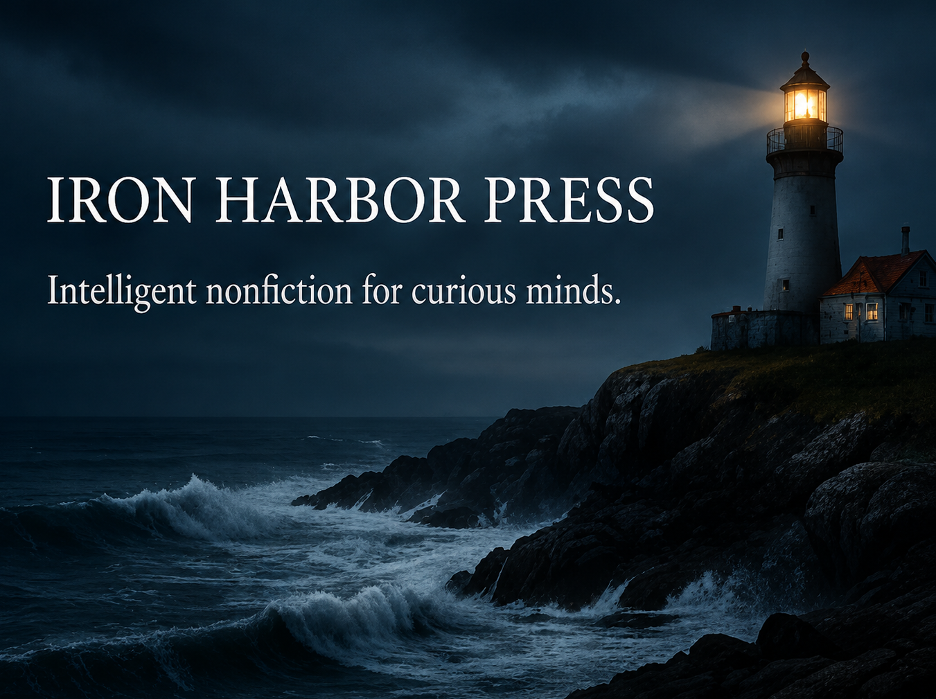A lighthouse on a rocky coast at night with stormy skies, illuminated by a bright light, and the text 'Iron Harbor Press - Intelligent nonfiction for curious minds.'