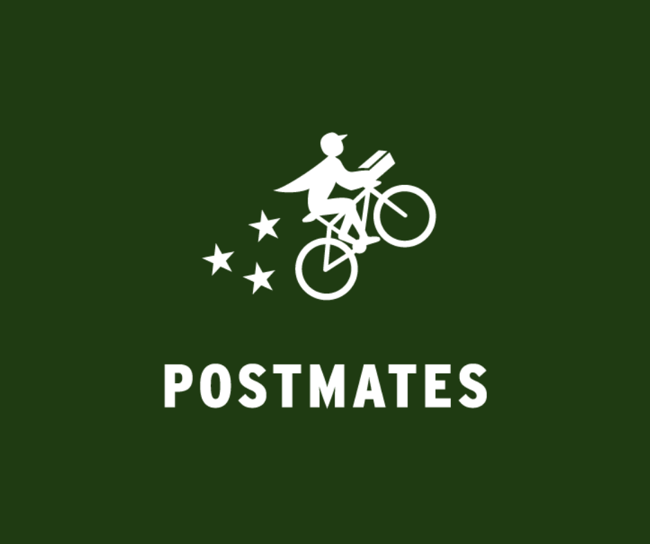A green background with a white silhouette of a person riding a bicycle, surrounded by stars, and the word "POSTMATES" in bold white letters below.