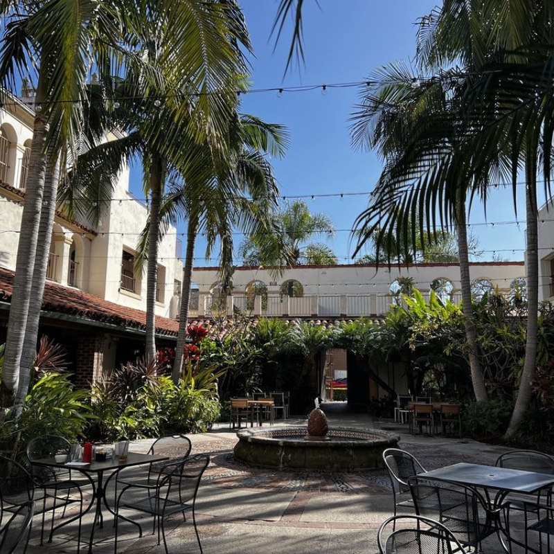 An outdoor courtyard with tropical palm trees, a central fountain, and seating areas with metal chairs and tables, surrounded by multi-story buildings and string lights overhead.