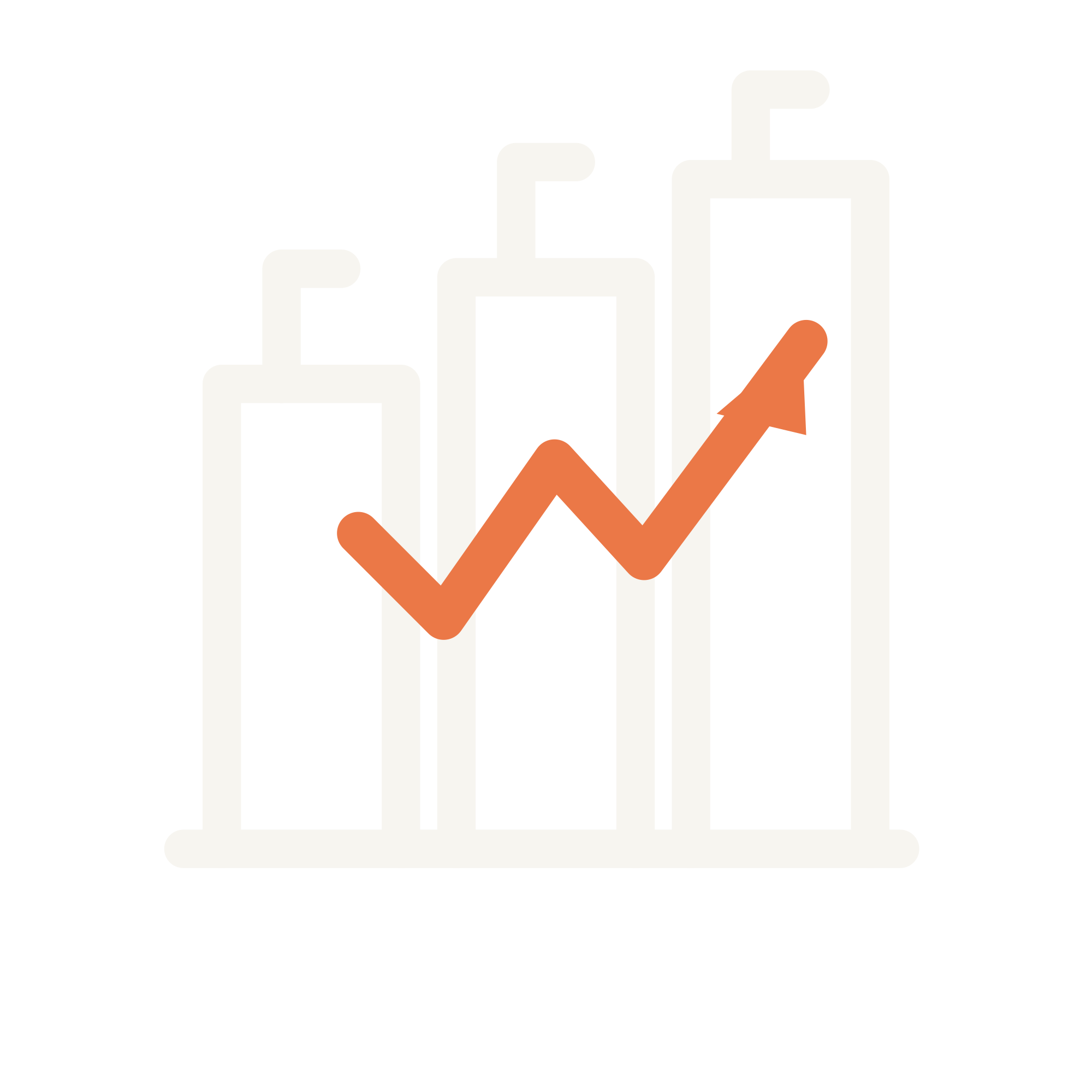 Bar chart with three white bars of increasing height and an orange arrow pointing upward.