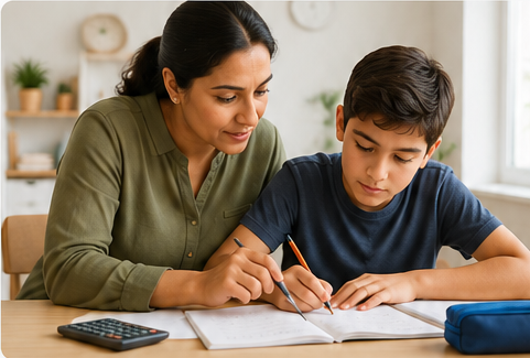 Parent supporting child with maths homework at home