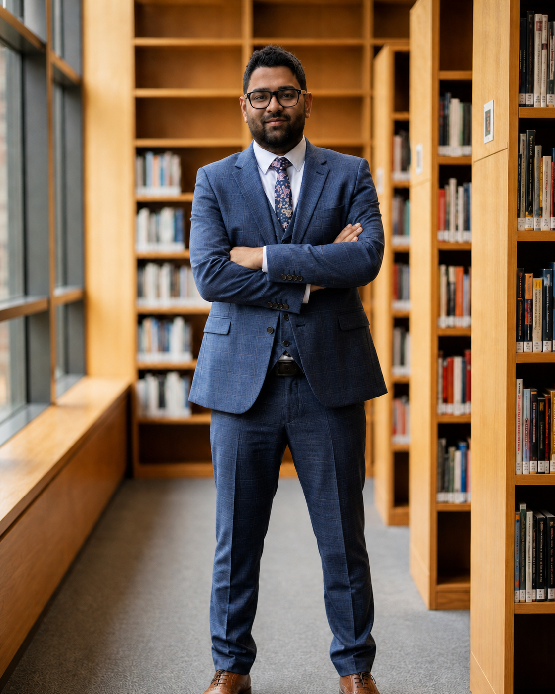 A man in a blue suit standing with arms crossed in a library with wooden shelves filled with books.