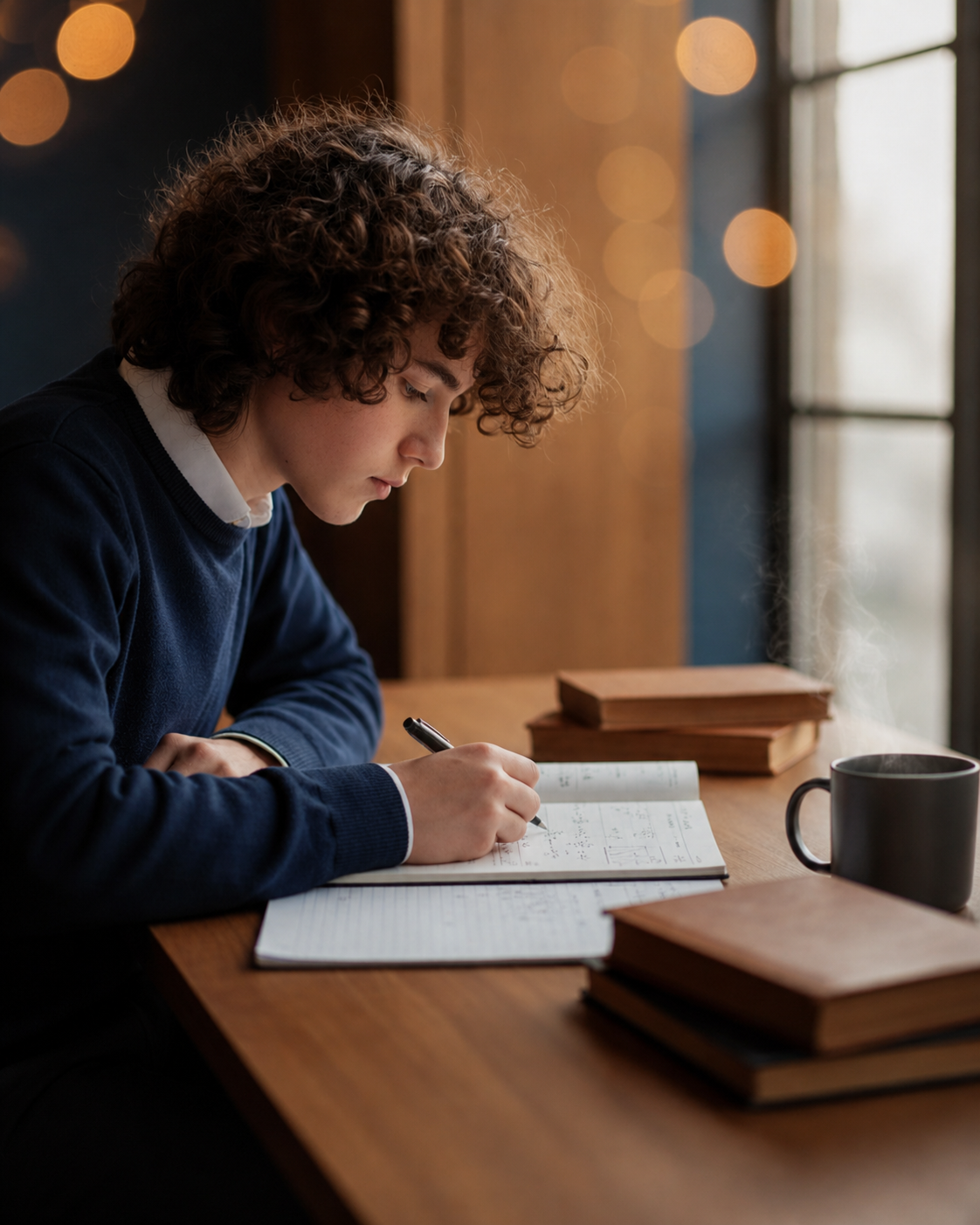 A young person with curly hair writing in a notebook at a wooden table, with books and a cup nearby, seated near a window with natural light.