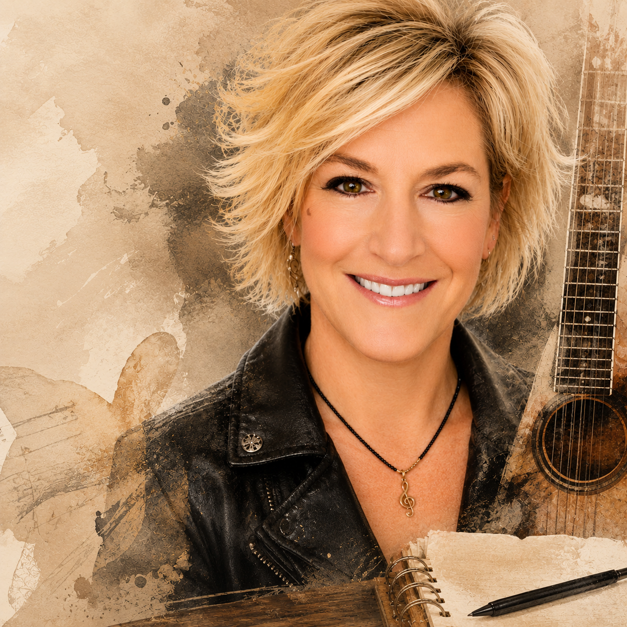 A woman with blonde, messy hair smiling, wearing a black leather jacket and a black necklace with a treble clef pendant, holding a guitar and a notebook with a pen, against a textured, artistic background.