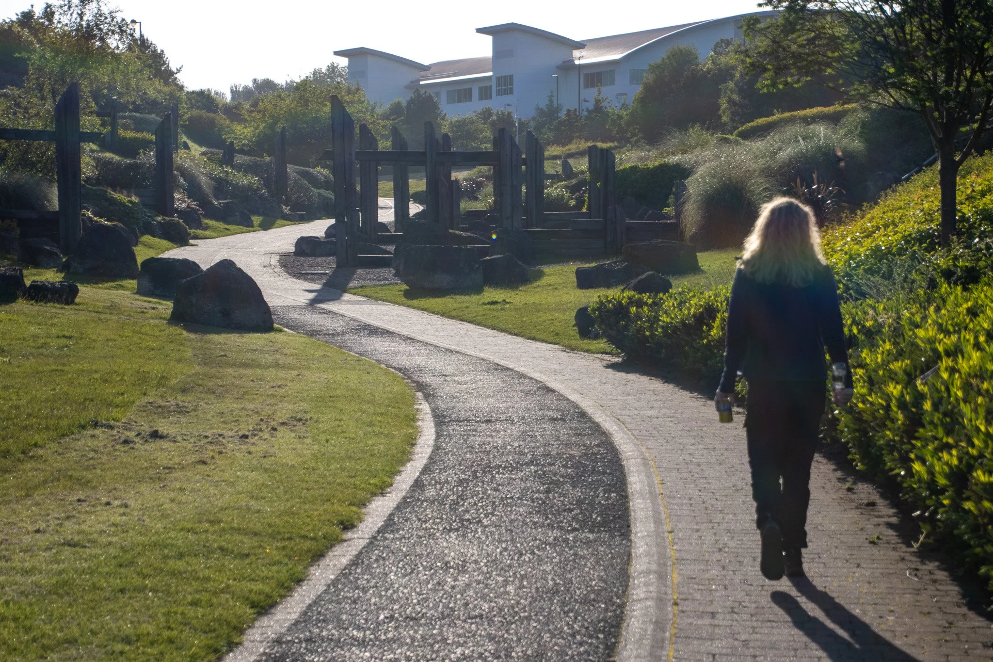 A person walking on a winding paved path through a landscaped park with bushes, trees, rocks, and grassy areas, with modern buildings in the background, during daytime.