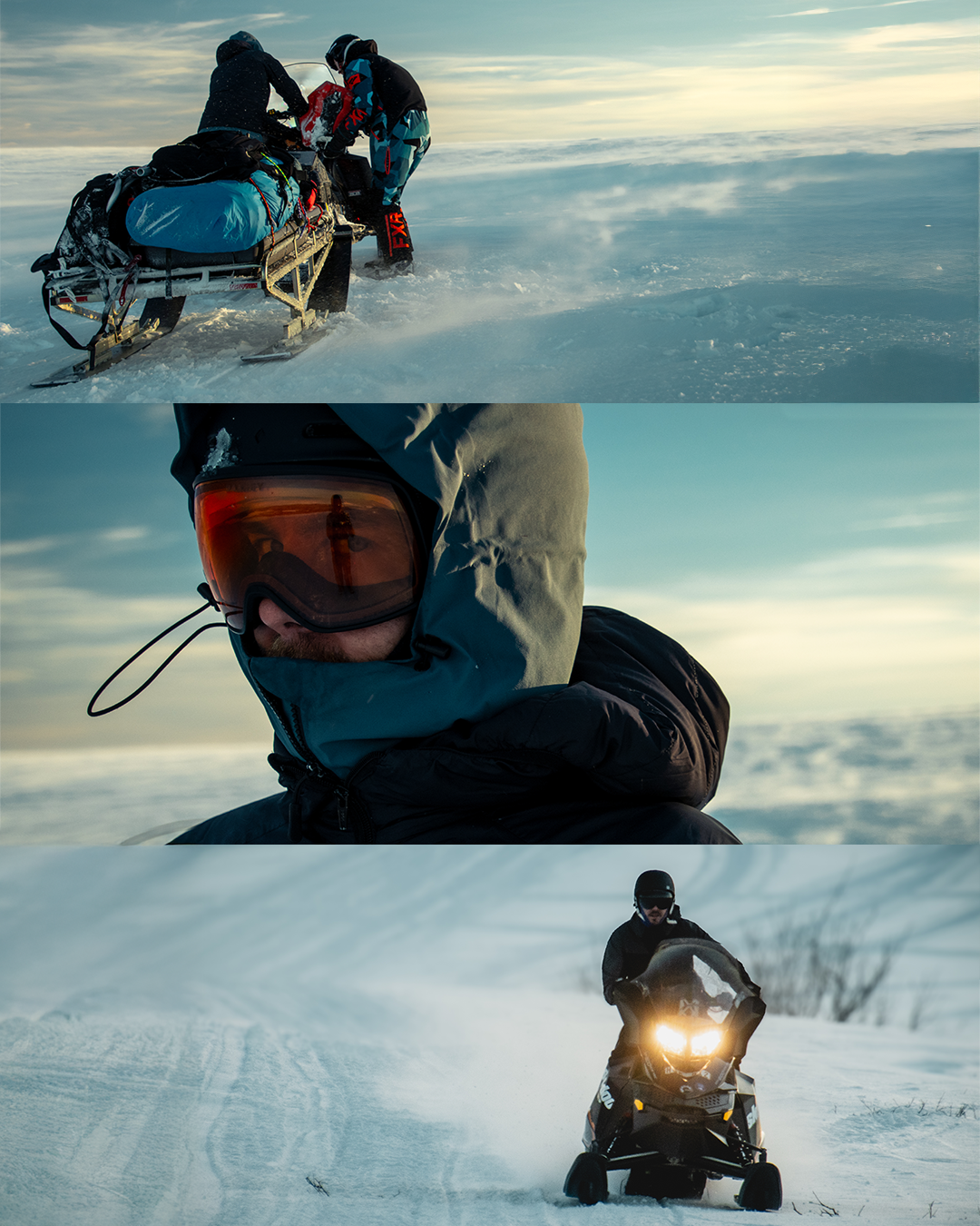 Three scenes of people engaging in winter sports. The top scene shows two individuals attaching a rescue sled to a snowmobile, surrounded by snow and cloudy sky. The middle scene features a person in winter gear with reflective goggles, standing in the snow with a cloudy sky in the background. The bottom scene depicts a person riding a snowmobile through snowy terrain, with the vehicle's headlights on and a cloudy sky overhead.