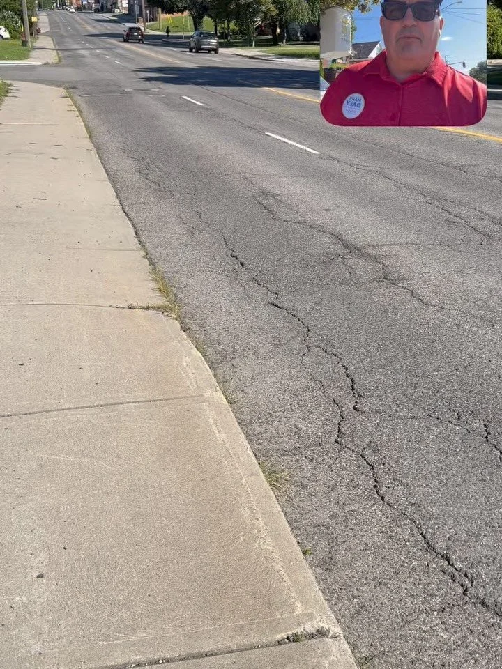 Holiday Monday canvassing along Fennell Avenue East.

The signs call it a bike route. Looking at these cracked crossings and deteriorating pavement, it isn&rsquo;t safe enough for cyclists &mdash; or acceptable for pedestrians, drivers, seniors, or f