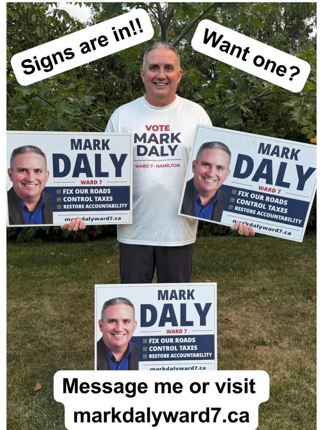 Lawn signs go up Monday, September 28!

Thank you to everyone who has already requested one. We&rsquo;ll begin delivering signs across Ward 7 starting Monday.

If you would like a lawn sign, you can request one at:

markdalyward7.ca

Not sure whether