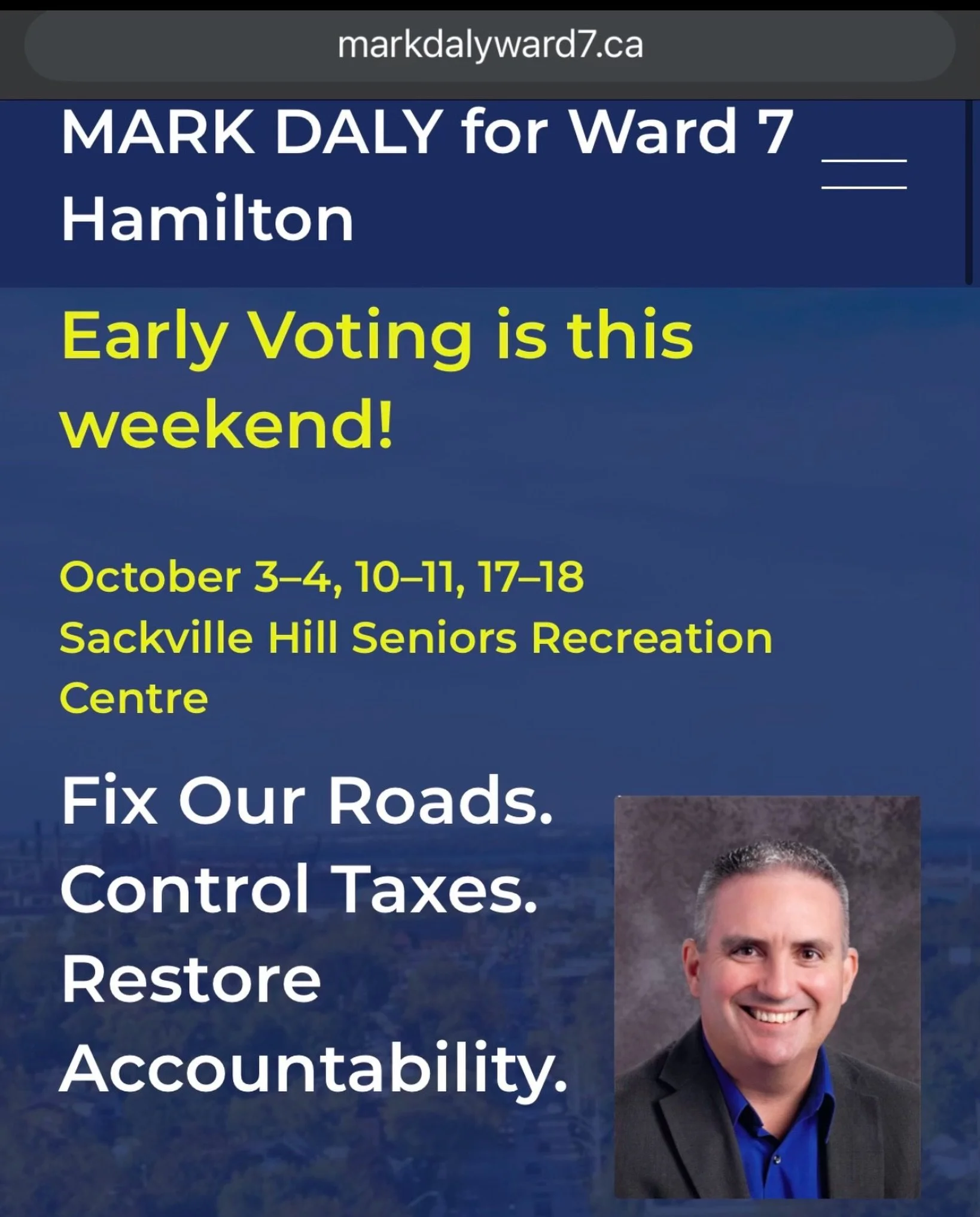 Early voting starts this weekend!

Ward 7 residents can vote early on:

October 3&ndash;4, 10&ndash;11 and 17&ndash;18
10:00 a.m. &ndash; 6:00 p.m.
Sackville Hill Seniors Recreation Centre
780 Upper Wentworth Street

You do not need your voter card. 