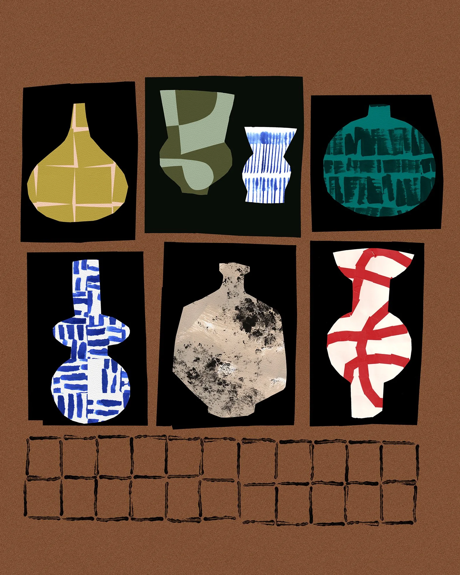 A collection of six abstract vase illustrations displayed on a brown background, arranged in a grid with black borders around each vase.