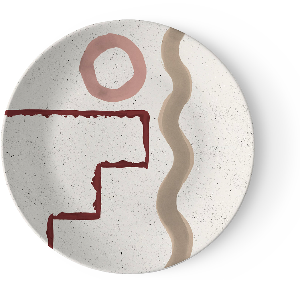 Decorative ceramic plate with abstract geometric design, featuring a pink circle, a beige zigzag line, and a maroon square outline.