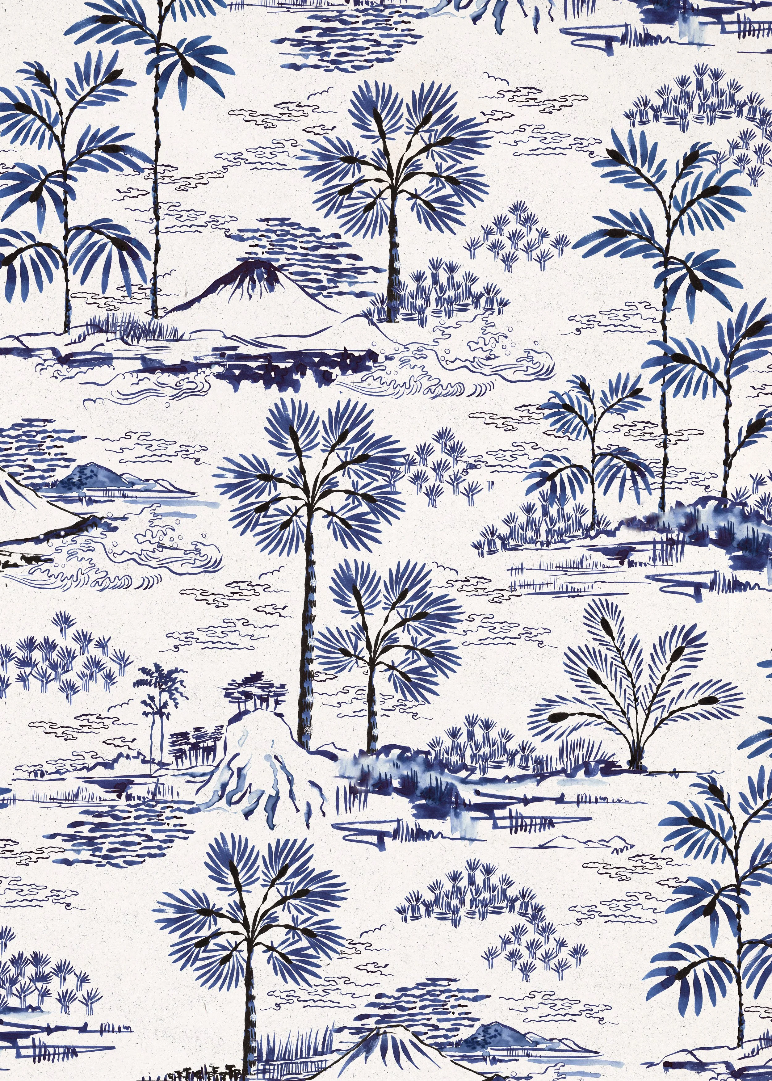 A blue and white traditional Japanese-style landscape painting featuring tall, stylized trees, mountains, clouds, and water reflections.