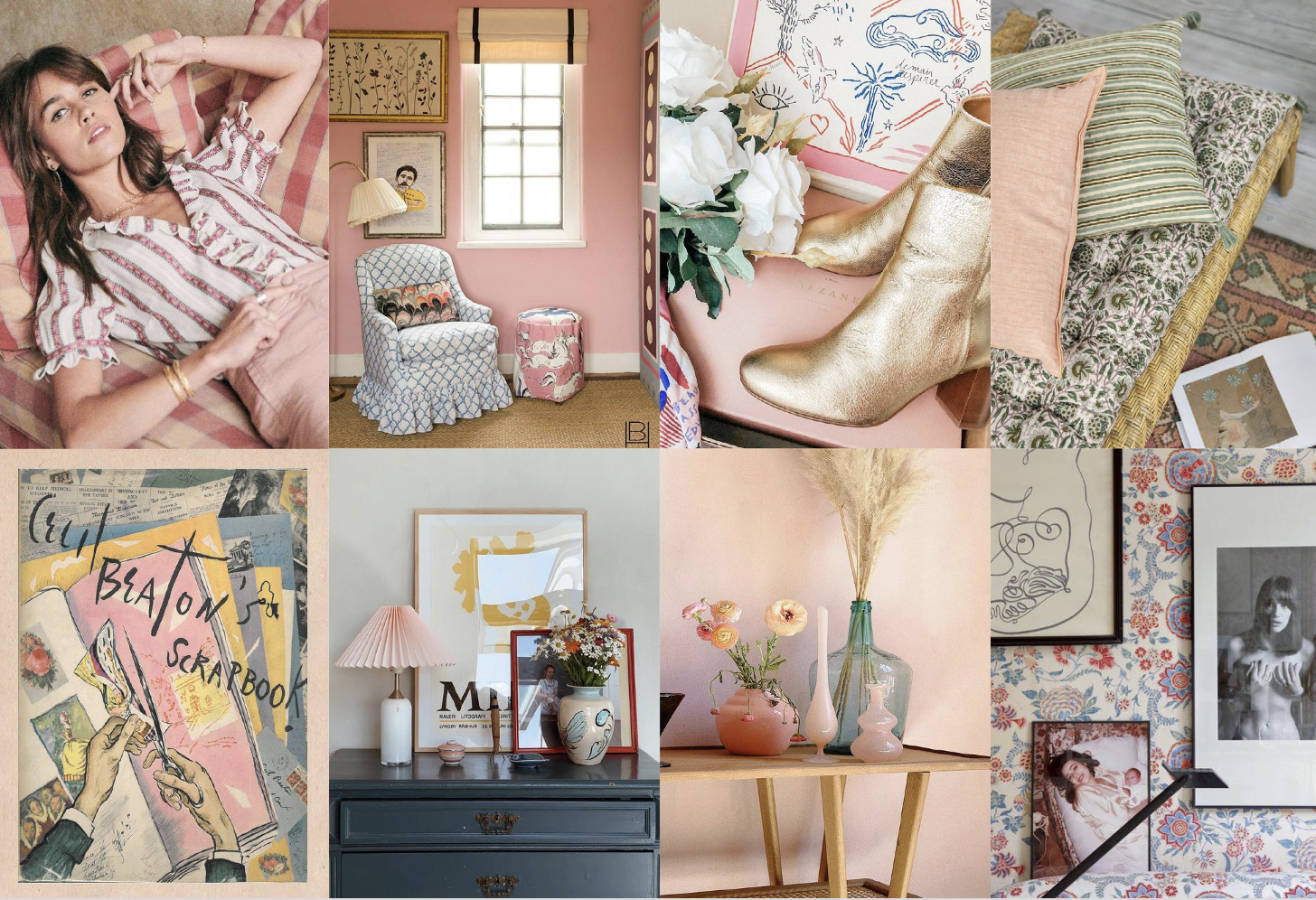 A collage of interior decor and art including a woman lying on a plaid bed, a pink room with a patterned armchair and window, a pair of gold boots and white roses, a cozy bed with floral and striped pillows, a colorful abstract art piece, a tabletop with framed illustrations, vases with flowers, and a wall decorated with framed photos and art.