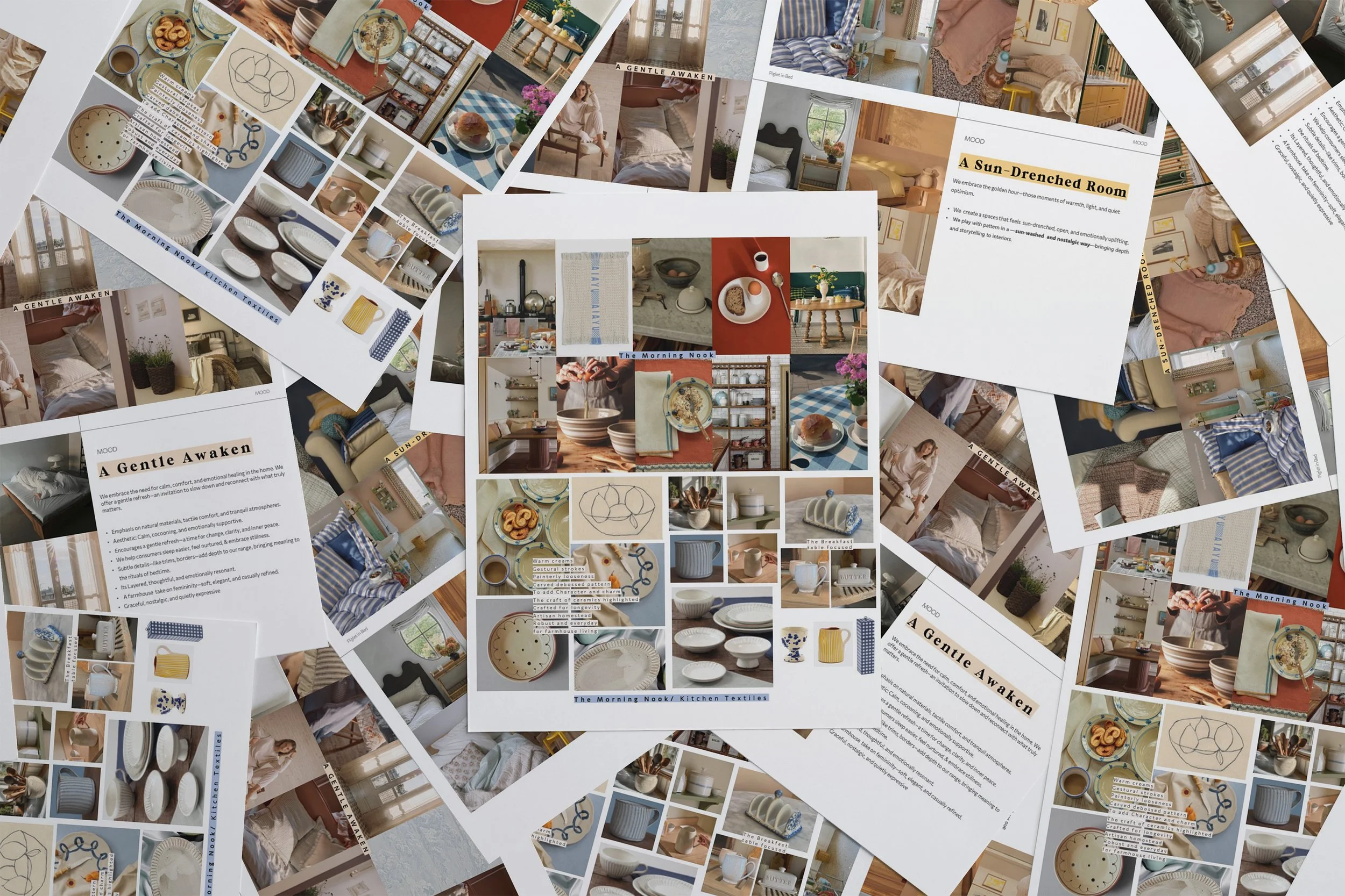 A collage of interior design and lifestyle images focused on cozy, sun-drenched rooms, table settings, and textile details for home decor.