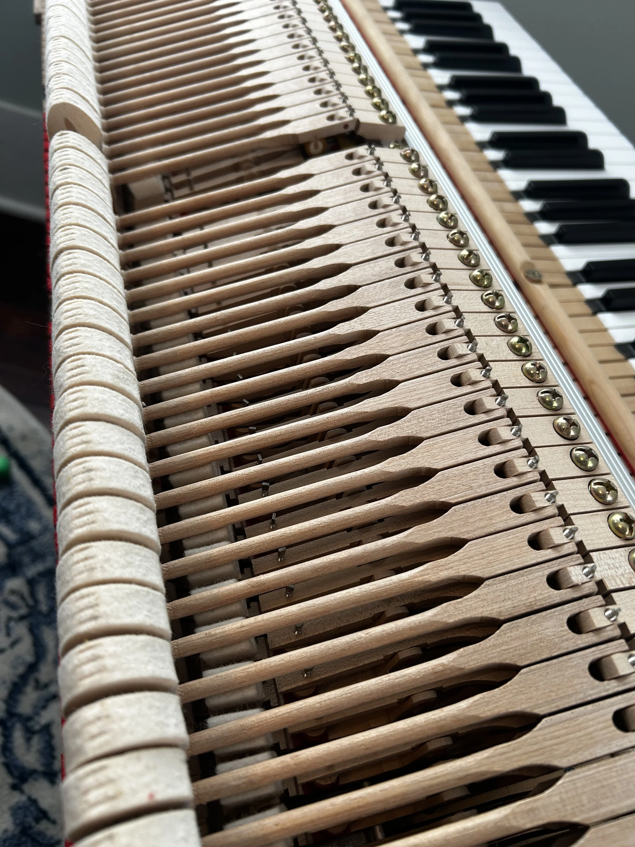 Up close of the hammer felts prior to voicing on the Yamaha GH1 