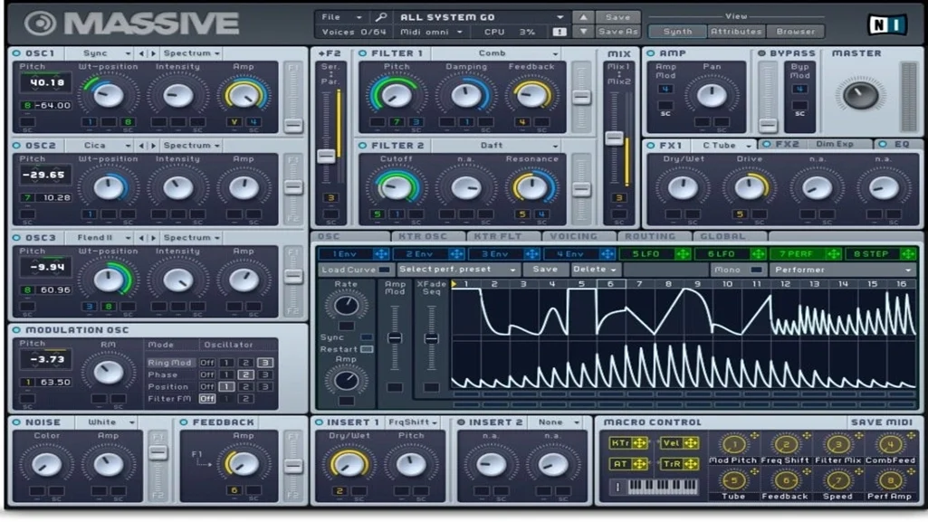 Screenshot of a Massive synthesizer software interface with various oscillators, filters, effects, and modulation controls.