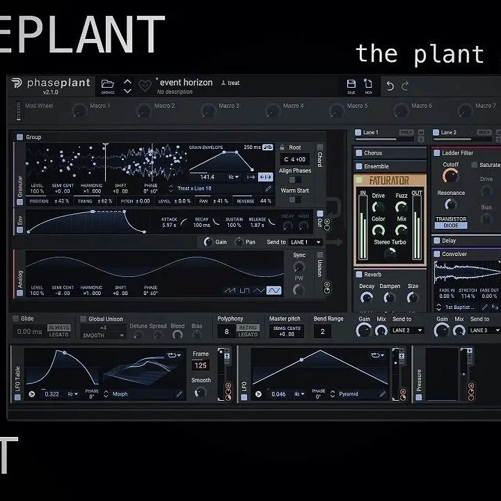 Screenshot of a music production software interface with various control panels, graphs, and sliders designed for sound editing.