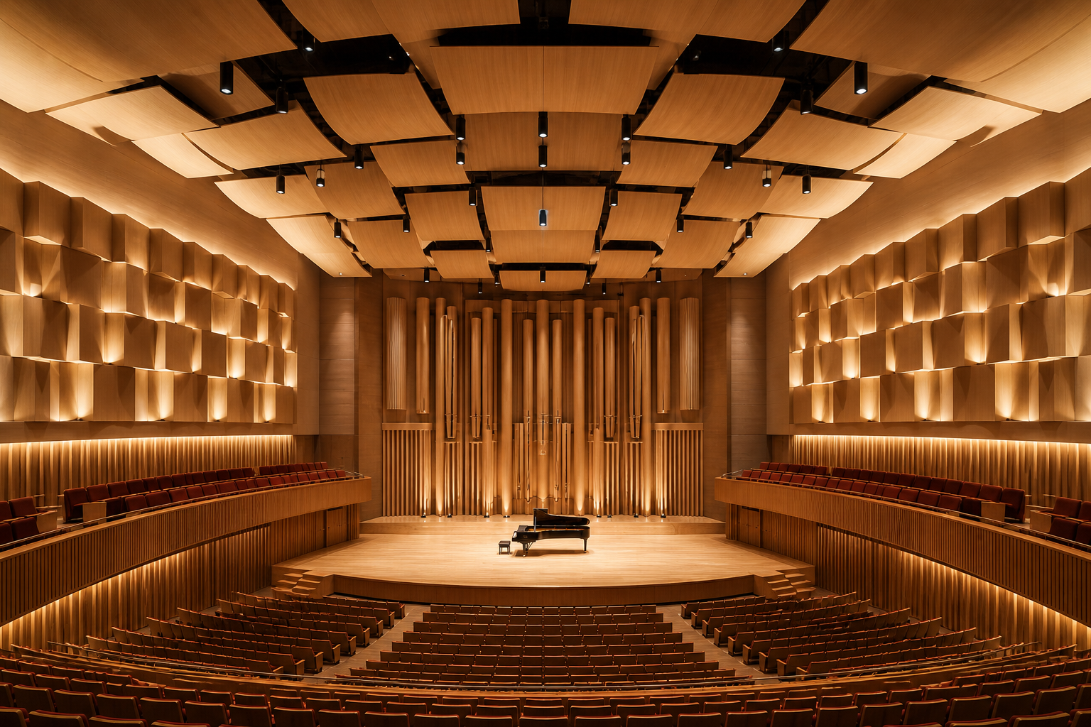 A concert hall with a grand piano on stage, wooden wall panels, and seating surrounding the stage.