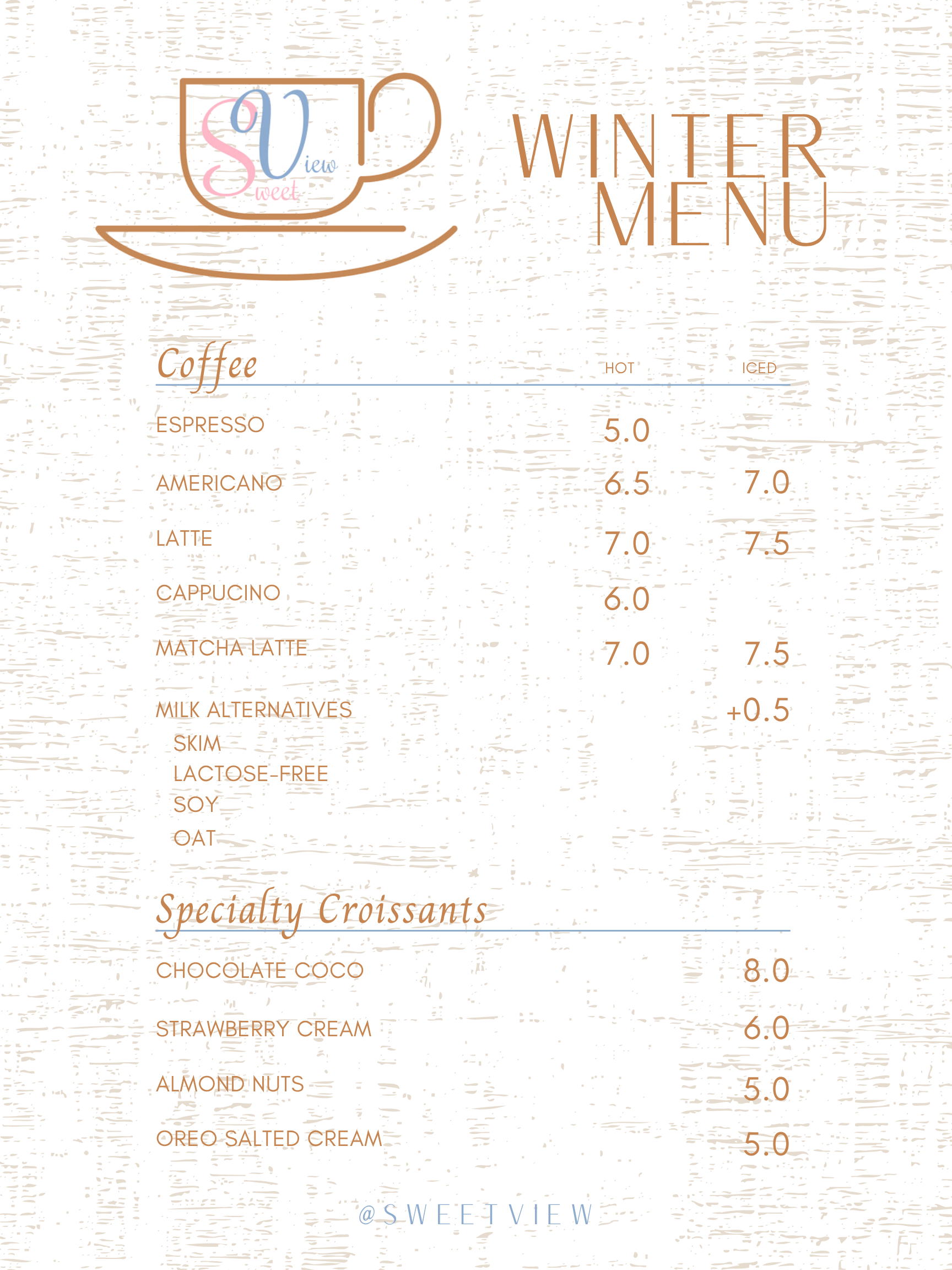 A winter-themed coffee menu featuring drink options and prices, with a decorative illustration of a coffee cup and plate, and a background resembling whitewashed wood.